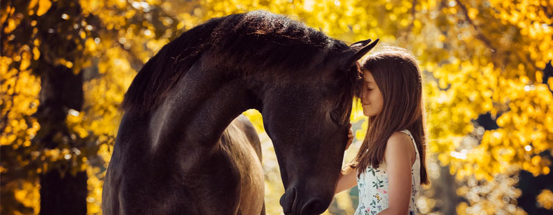 Bambina che si appoggia affettuosamente al muso del suo cavallo
