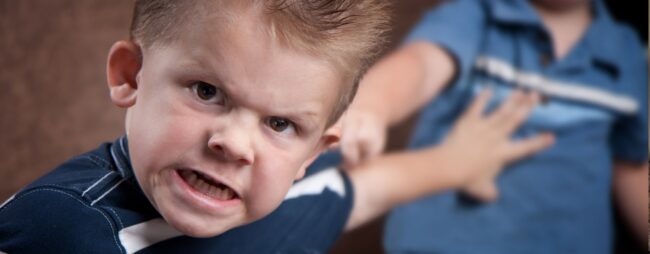 Mio figlio morde e picchia_1280x500 Mio figlio morde e picchia, bambino con espressione aggressiva che spinge via il fratello